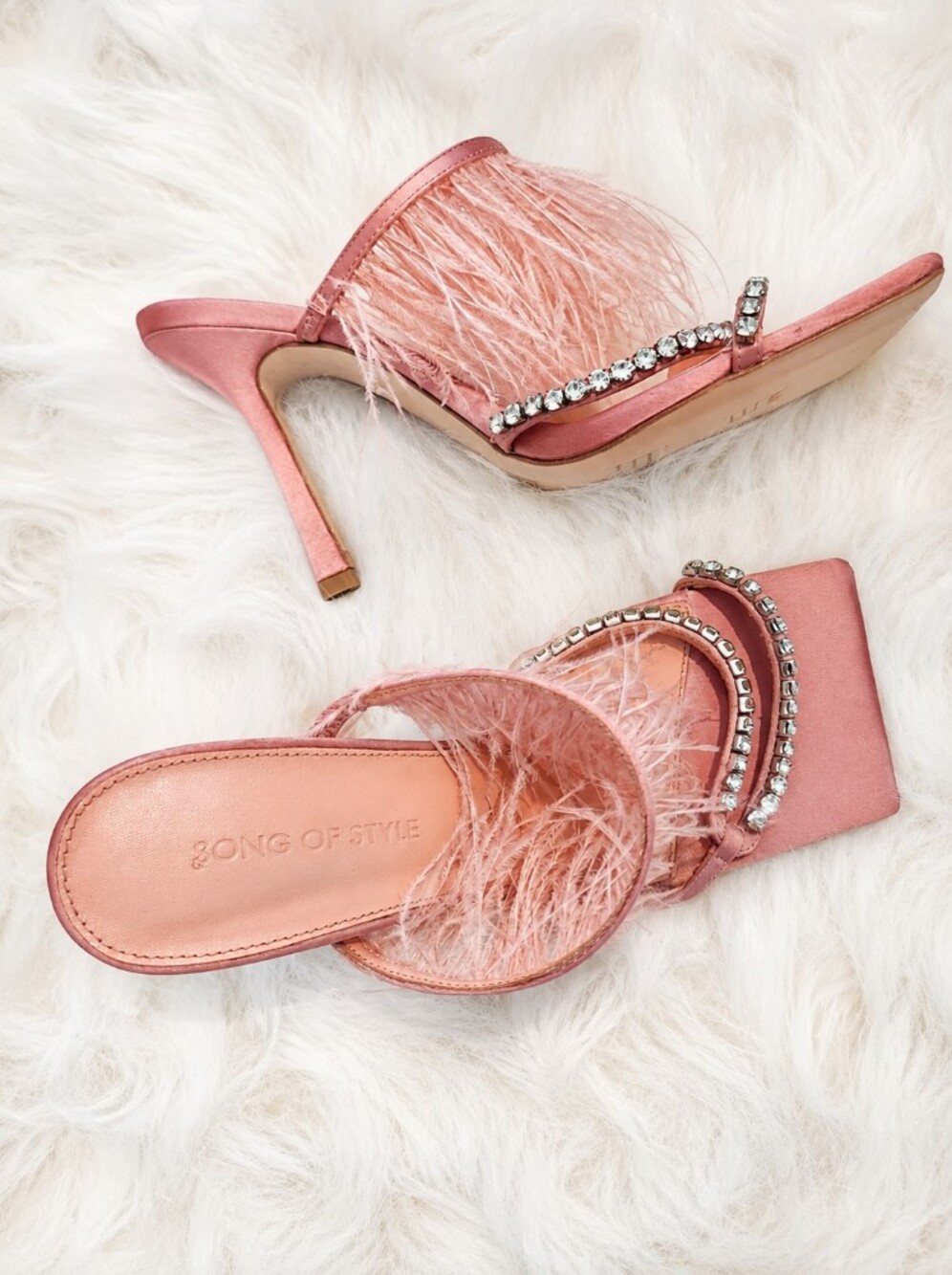 Song of Style Blush Pink Feather Rhinestone Square-Toe Heels Size 9.5
